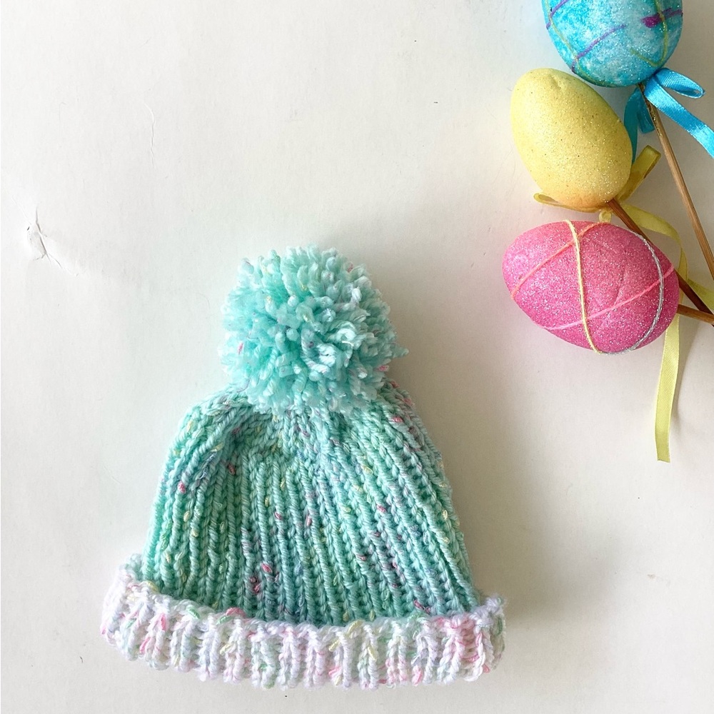 Baby Beanie Hat Pom Pom Teal Blue Hand Crafted White Pastels Knitted